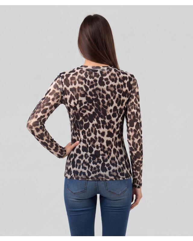 T-shirt manches longues en mesh léopard femme, imprimé léopard (KiK Mesh-Langarmshirt mit Leo-Muster (Leopardendruck)) — KiK, produit allemand authentique au Maroc