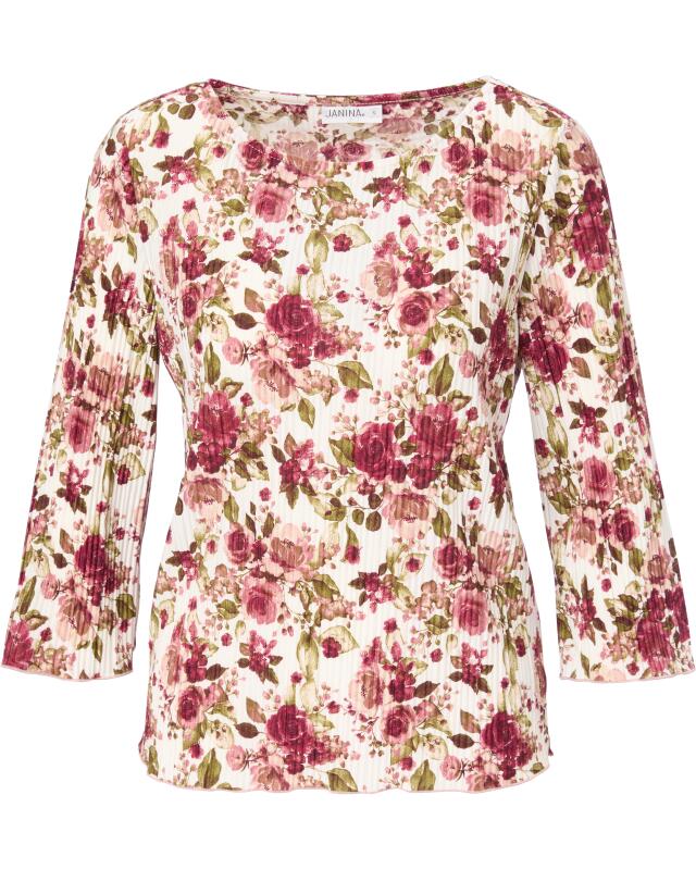 T-shirt crinkle manches longues à fleurs femme, blanc/rose (KiK Crinkle-Shirt mit Blumen (weiß/rosa)) — KiK, produit allemand authentique au Maroc