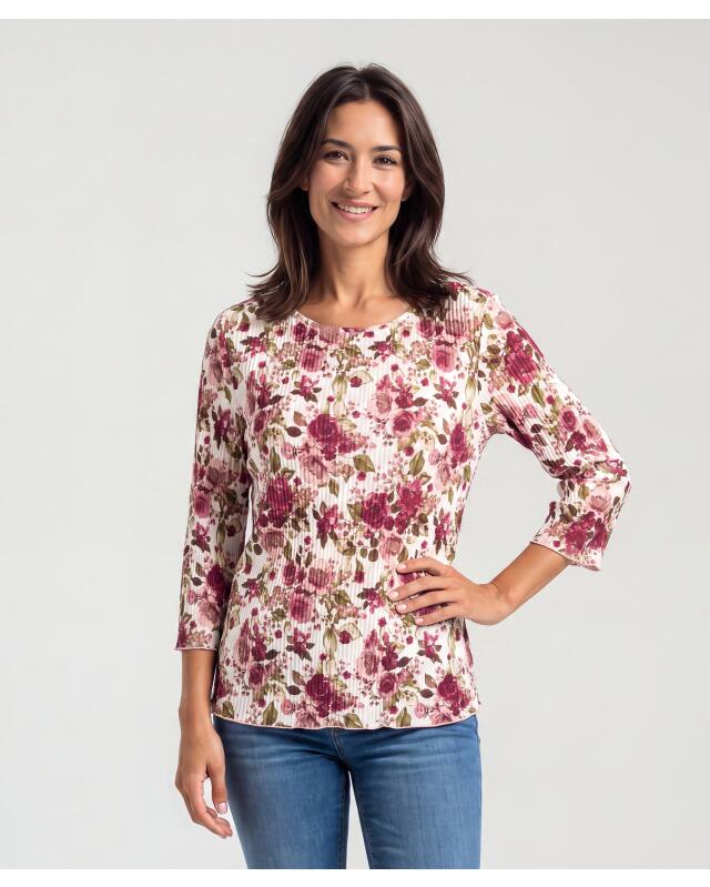 T-shirt crinkle manches longues à fleurs femme, blanc/rose (KiK Crinkle-Shirt mit Blumen (weiß/rosa)) — KiK, produit allemand authentique au Maroc
