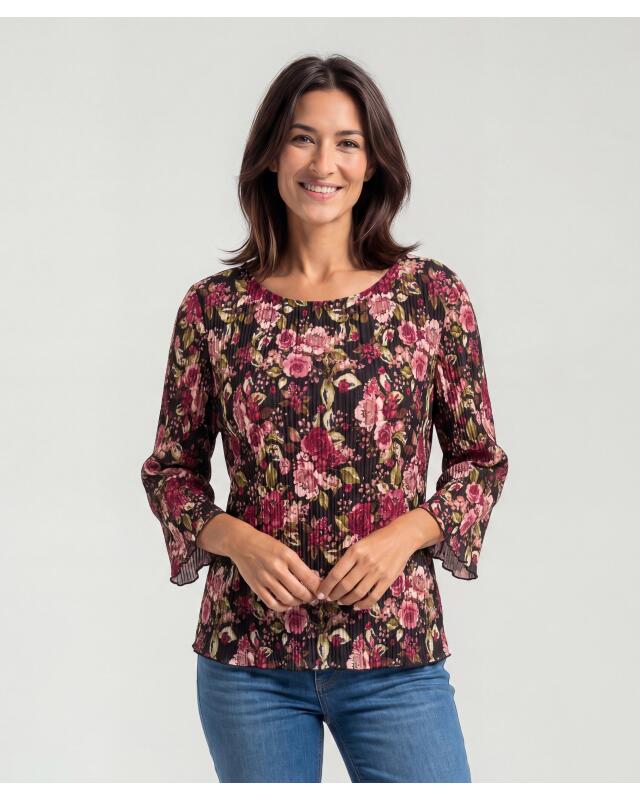 T-shirt crinkle manches longues femme, à fleurs (KiK Crinkle-Shirt (Blumendruck)) — KiK, produit allemand authentique au Maroc