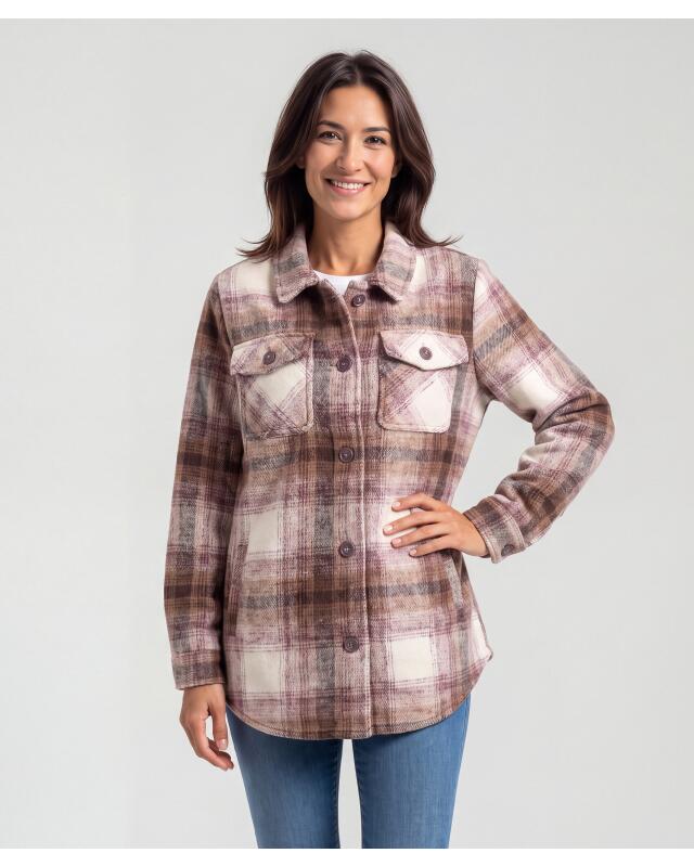 Veste en flanelle, mélange laine femme, marron à carreaux (KiK Flanelljacke mit Wollanteil (braun kariert)) — KiK, produit allemand authentique au Maroc