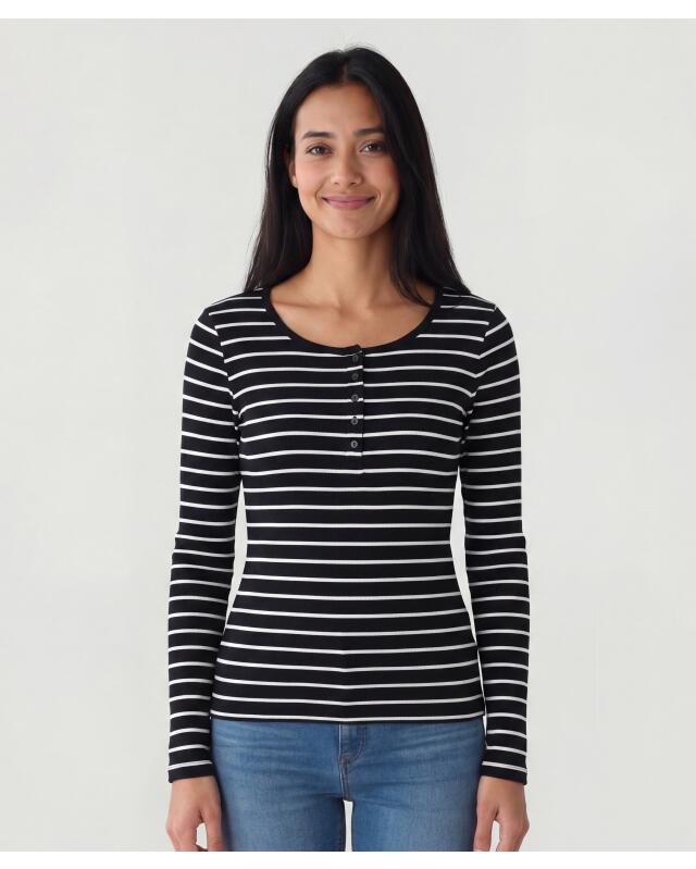 T-shirt manches longues côtelé femme, noir/blanc (KiK Geripptes Langarmshirt (schwarz/weiß)) — KiK, produit allemand authentique au Maroc