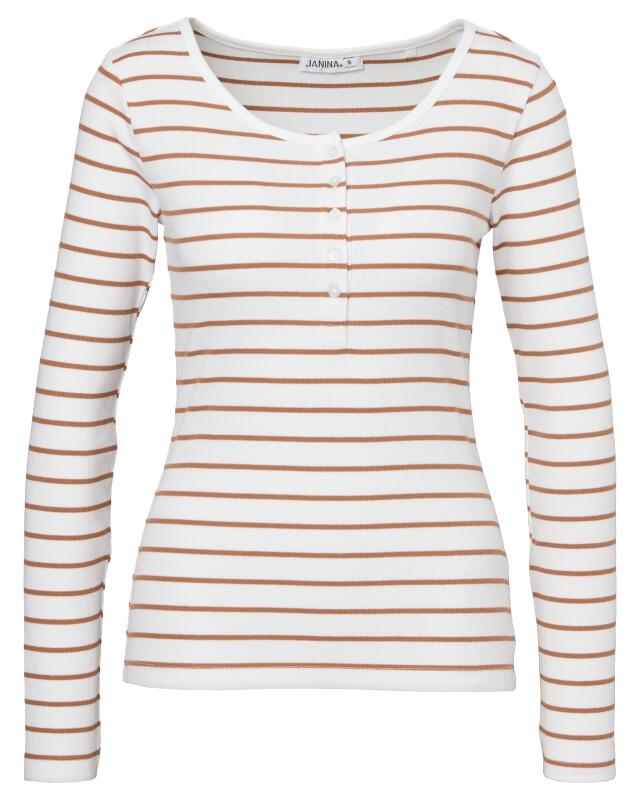 T-shirt manches longues côtelé femme, blanc/marron clair (KiK Geripptes Langarmshirt (weiß/hellbraun)) — KiK, produit allemand authentique au Maroc