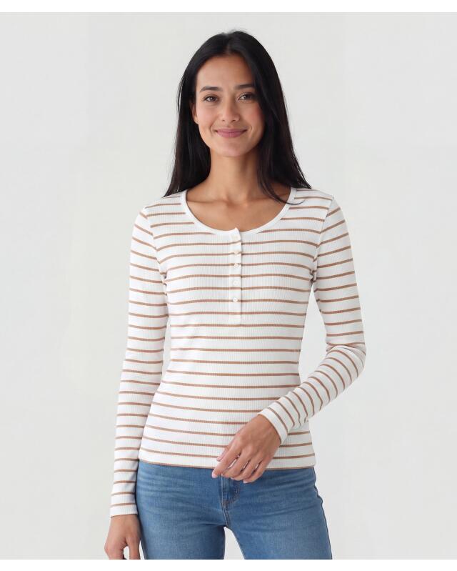 T-shirt manches longues côtelé femme, blanc/marron clair (KiK Geripptes Langarmshirt (weiß/hellbraun)) — KiK, produit allemand authentique au Maroc