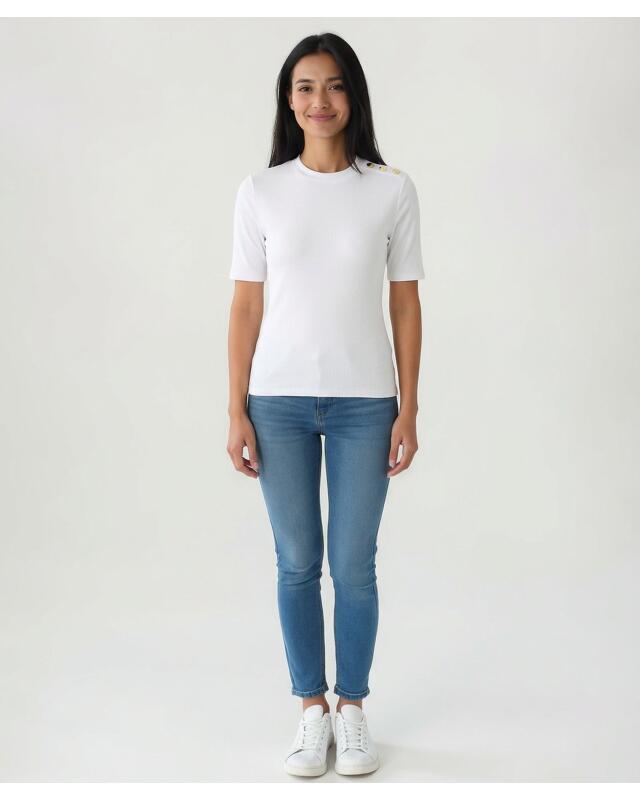 تيشيرت بأزرار زخرفية للنساء، أبيض (KiK T-Shirt mit Zierknöpfen (weiß)) — KiK, منتج ألماني أصلي في المغرب