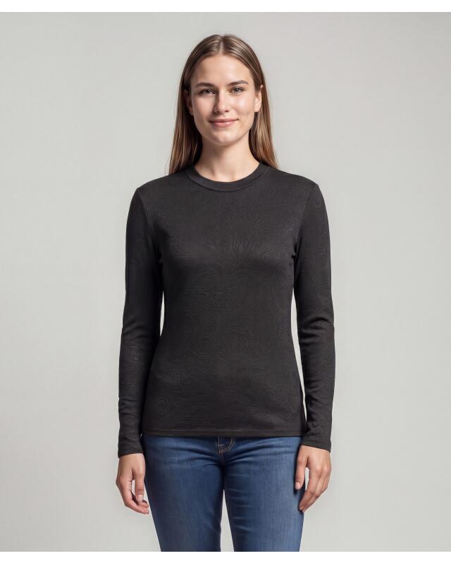 تيشيرت بأكمام طويلة بنقشة بارزة للنساء، أسود (KiK Langarmshirt mit Strukturmuster (schwarz)) — KiK, منتج ألماني أصلي في المغرب