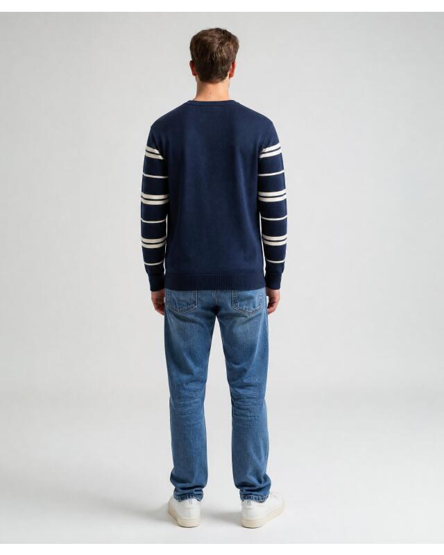 Pull en maille fine à rayures homme, bleu marine (KiK Feinstrickpullover mit Streifen (dunkelblau)) — KiK, produit allemand authentique au Maroc
