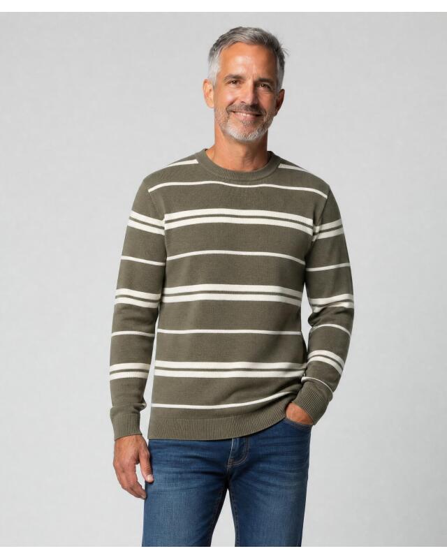 Pull en maille fine à rayures homme, kaki (KiK Feinstrickpullover mit Streifen (Khaki)) — KiK, produit allemand authentique au Maroc
