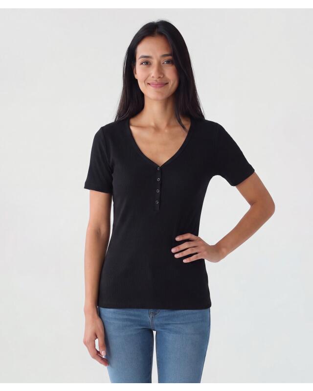 تيشيرت بنسيج مضلع للنساء، أسود (KiK T-Shirt aus Rippstoff (schwarz)) — KiK, منتج ألماني أصلي في المغرب