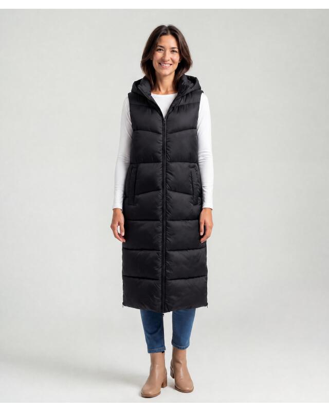 Gilet long sans manches matelassé femme, noir — KiK, produit allemand authentique au Maroc
