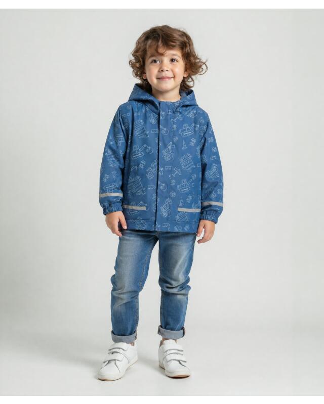 Rain jacket with construction vehicle print for boys, blue (KiK Regenjacke mit Baustellenfahrzeugenmotiven (blau)) — KiK, authentic German product in Morocco