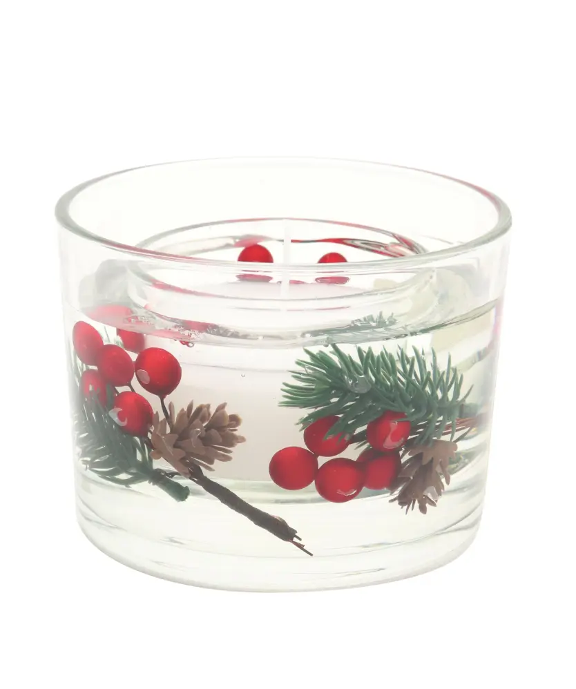 Gelkerze mit winterlicher Deko, rot