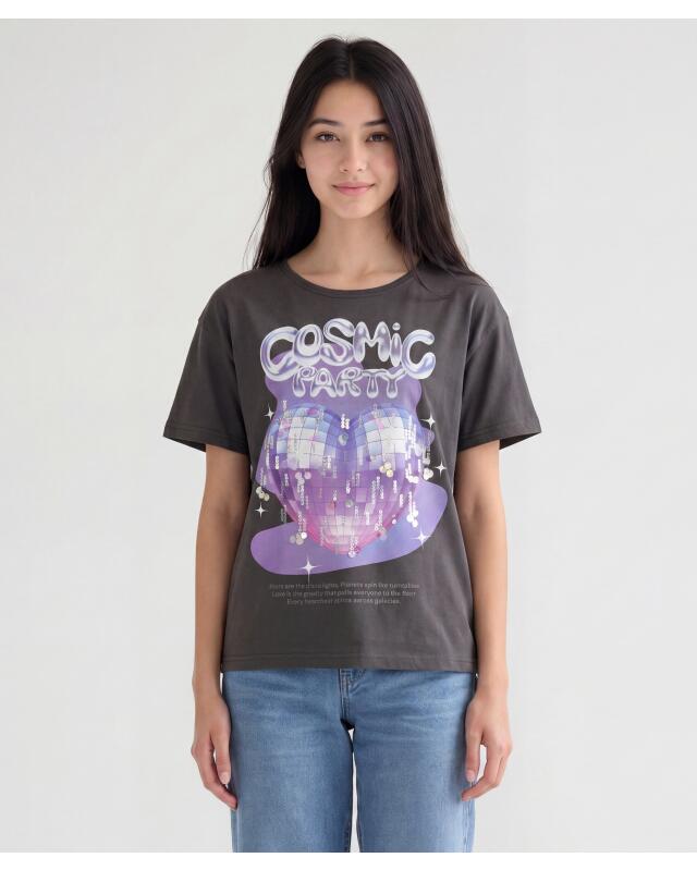 T-shirt disco fille, anthracite (KiK T-Shirt Disco (anthrazit)) — KiK, produit allemand authentique au Maroc