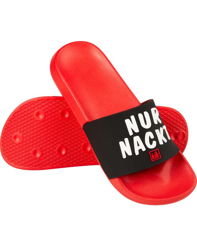 Party slides “Nur nackt ist billiger” for women, red/black (KiK Party Badeslipper „Nur nackt ist billiger“ (rot/schwarz)) — KiK, authentic German product in Morocco