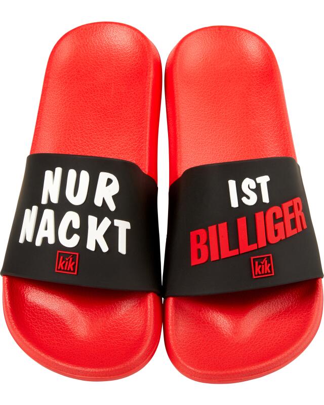 Party slides “Nur nackt ist billiger” for women, red/black (KiK Party Badeslipper „Nur nackt ist billiger“ (rot/schwarz)) — KiK, authentic German product in Morocco