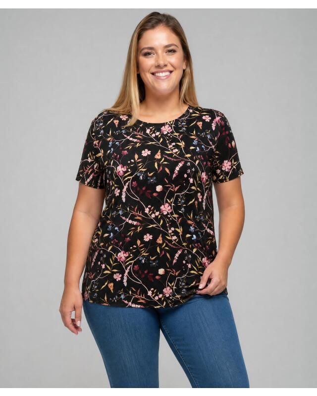 Floral print T-shirt for women, black printed (KiK T-Shirt mit floralem Muster (schwarz bedruckt)) — KiK, authentic German product in Morocco