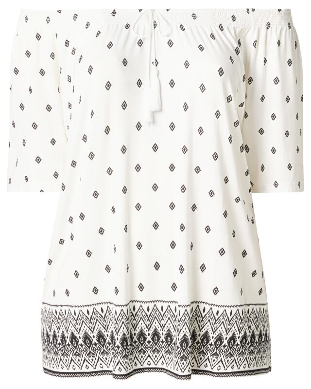 Off-the-shoulder top with tassels for women, white/black (KiK Carmenshirt mit Quasten (weiß/schwarz)) — KiK, authentic German product in Morocco