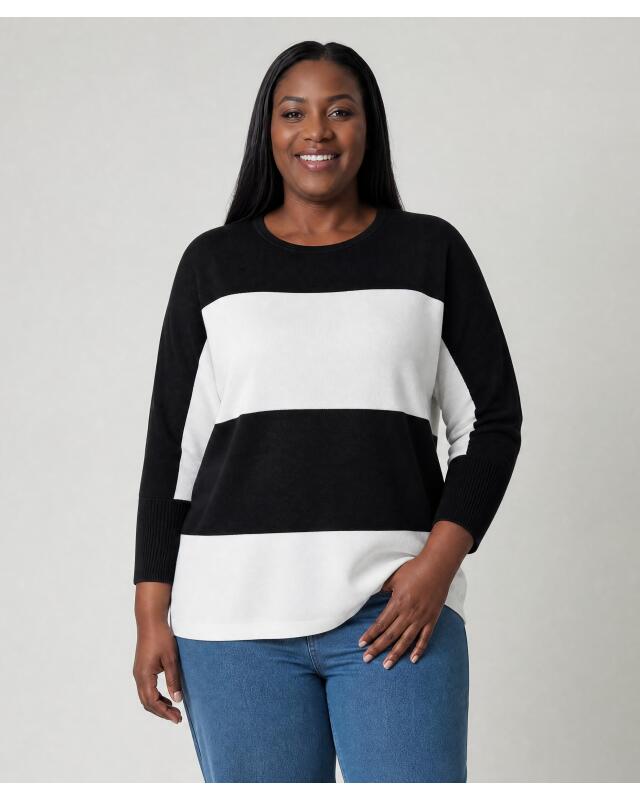 Pull à larges rayures femme, noir/blanc (KiK Pullover mit Blockstreifen (schwarz/weiß)) — KiK, produit allemand authentique au Maroc