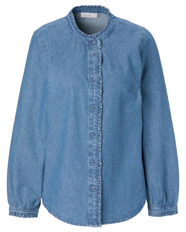 بلوزة جينز بكشكش للنساء، أزرق جينز (KiK Jeansbluse mit Rüschen (jeansblau)) — KiK, منتج ألماني أصلي في المغرب
