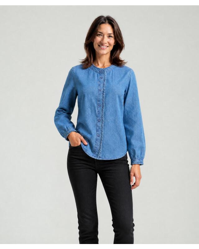 Denim blouse with ruffles for women, denim blue — KiK, authentic German product in Morocco