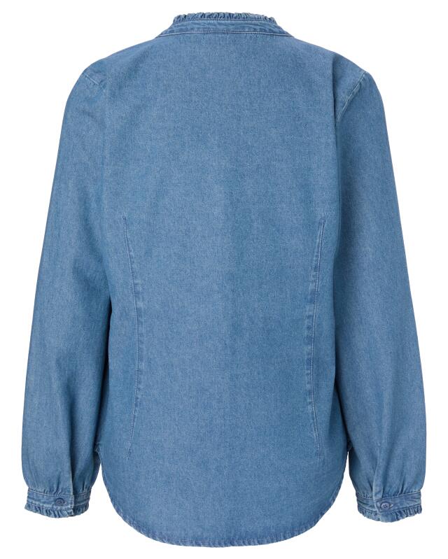 بلوزة جينز بكشكش للنساء، أزرق جينز (KiK Jeansbluse mit Rüschen (jeansblau)) — KiK, منتج ألماني أصلي في المغرب