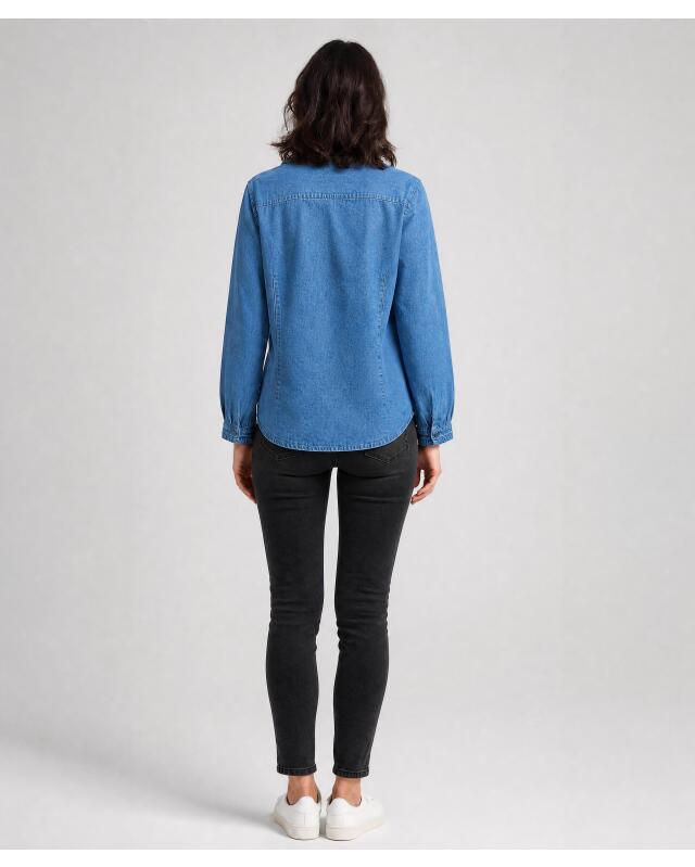 بلوزة جينز بكشكش للنساء، أزرق جينز (KiK Jeansbluse mit Rüschen (jeansblau)) — KiK, منتج ألماني أصلي في المغرب