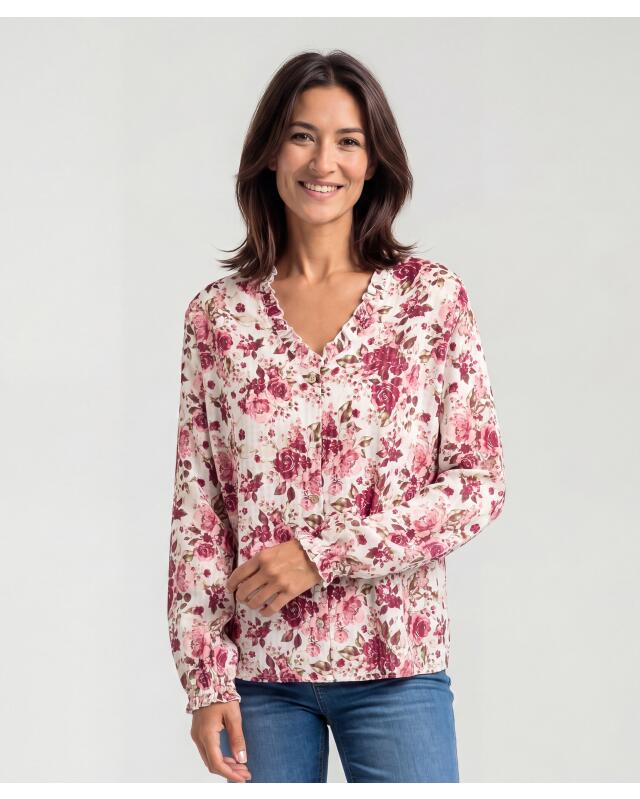 Textured blouse with ruffles for women, floral print — KiK, authentic German product in Morocco