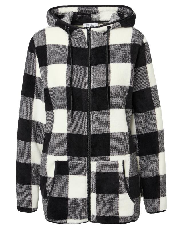 Veste polaire à carreaux femme, noir/blanc à carreaux (KiK Fleecejacke mit Karomuster (schwarz/weiß kariert)) — KiK, produit allemand authentique au Maroc