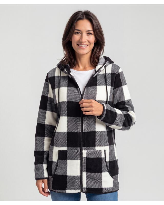 Veste polaire à carreaux femme, noir/blanc à carreaux (KiK Fleecejacke mit Karomuster (schwarz/weiß kariert)) — KiK, produit allemand authentique au Maroc