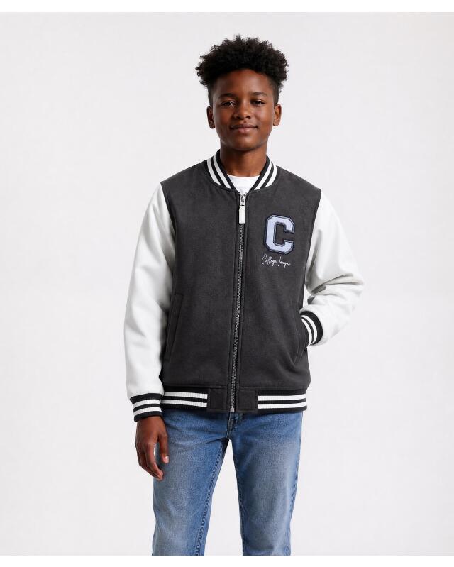 Veste teddy à manches en similicuir garçon, anthracite (KiK Collegejacke mit Kunstlederärmeln (anthrazit)) — KiK, produit allemand authentique au Maroc