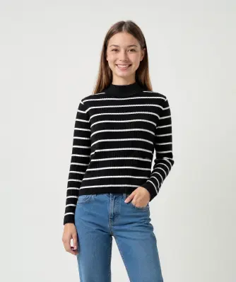 T-shirt met ribboord en lange mouwen