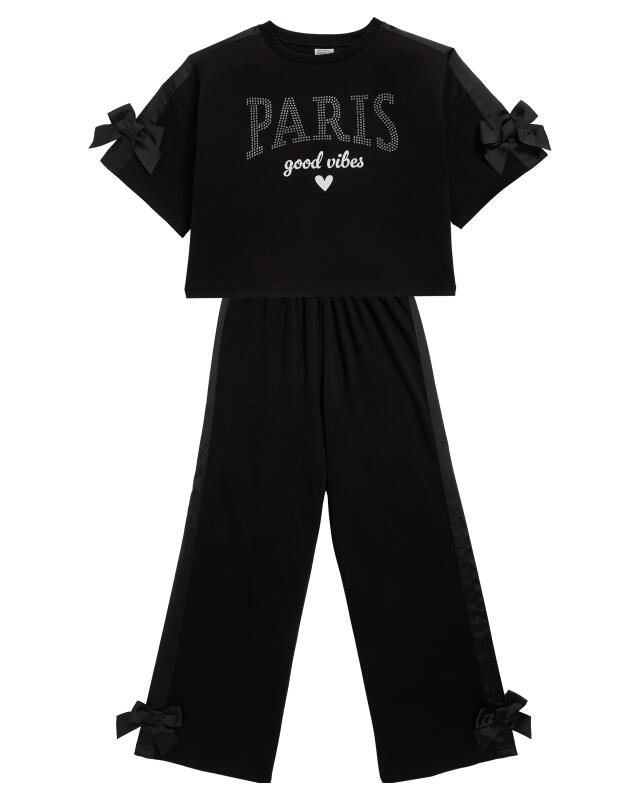 T-shirt + pantalon à nœuds fille, noir (KiK T-Shirt und Hose mit Schleifen (schwarz)) — KiK, produit allemand authentique au Maroc