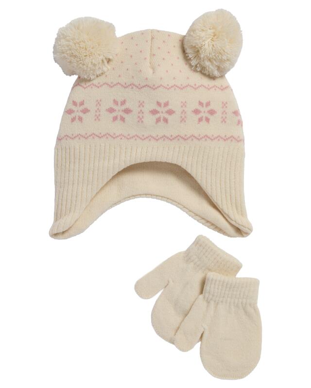 Bonnet en maille + moufles bébé fille, blanc cassé — KiK, produit allemand authentique au Maroc