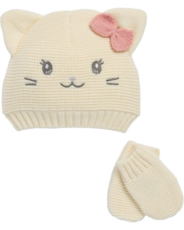 Bonnet en maille + gants en maille motif chat bébé fille, blanc cassé — KiK, produit allemand authentique au Maroc