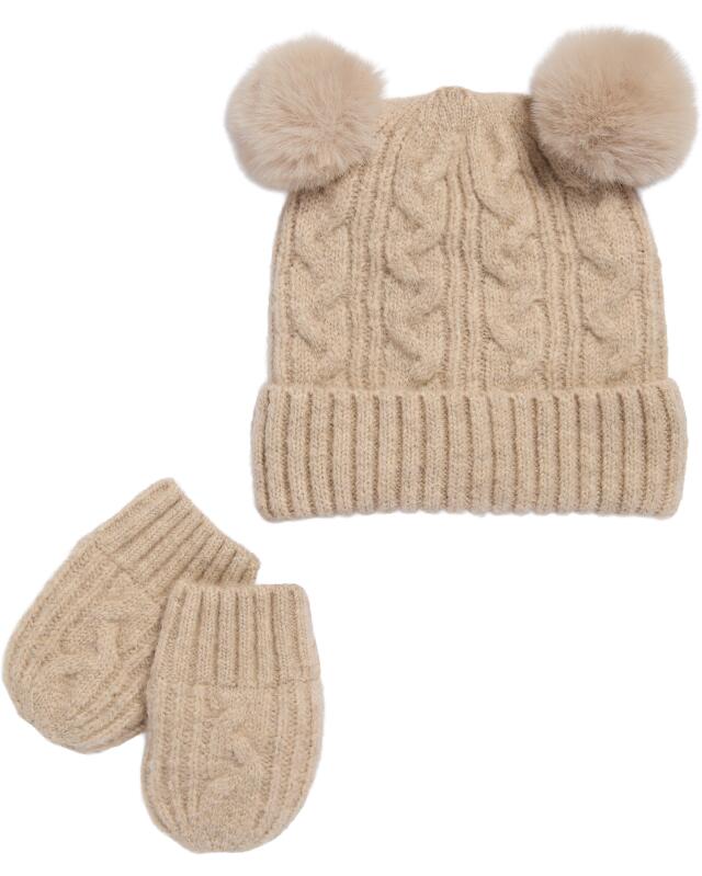 Bonnet en maille + gants bébé fille, taupe — KiK, produit allemand authentique au Maroc