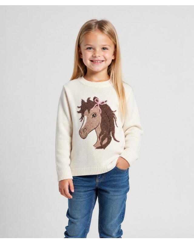 Pull en maille à motif cheval fille, blanc cassé — KiK, produit allemand authentique au Maroc