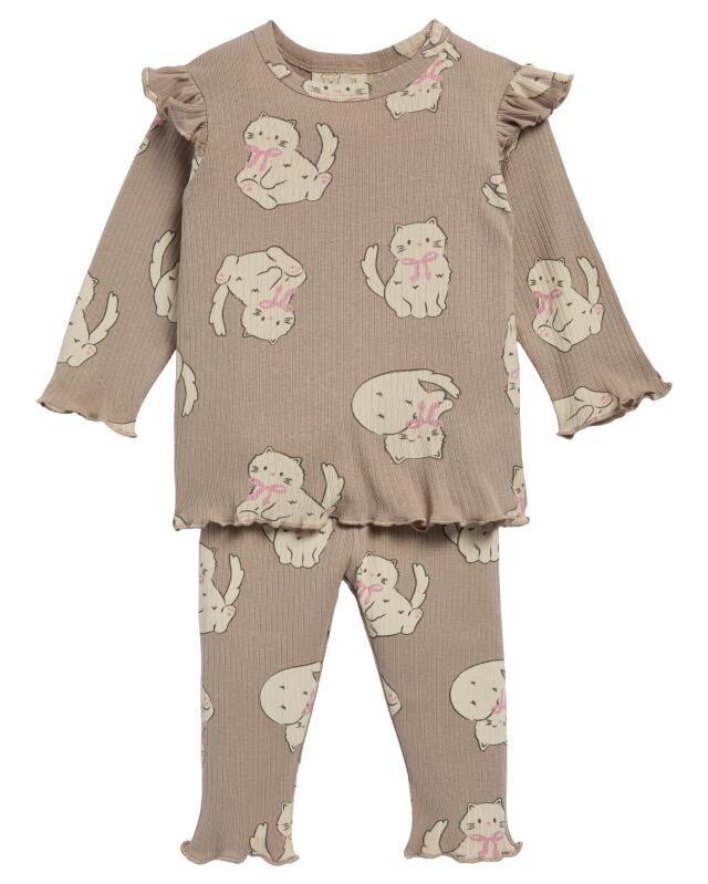 Pyjamas with all-over cat print for baby girls, natural — KiK, authentic German product in Morocco