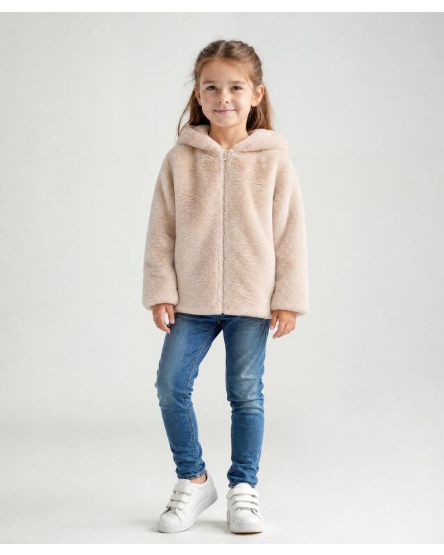 Veste à capuche en fausse fourrure fille, beige (KiK Kunstfelljacke mit Kapuze (Beige)) — KiK, produit allemand authentique au Maroc