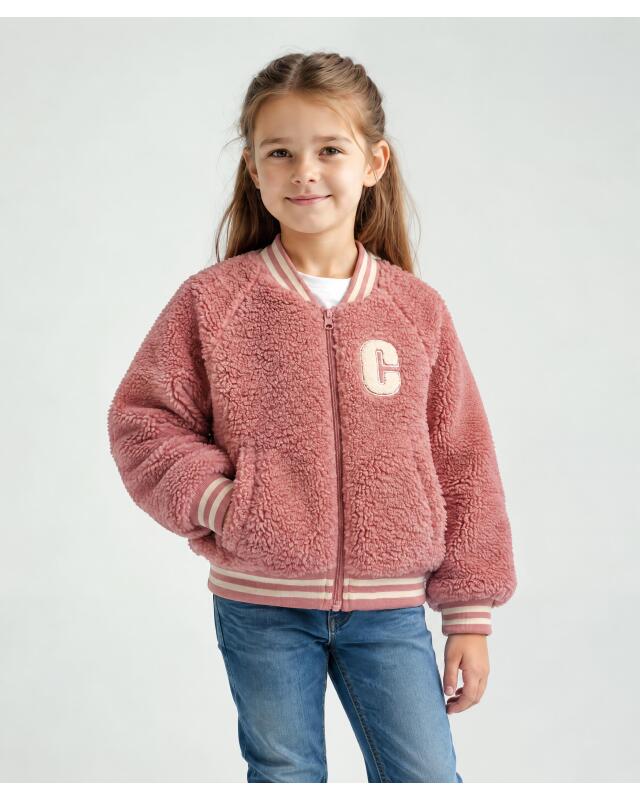 Veste teddy en tissu peluche fille, rose foncé (KiK Collegejacke Teddystoff (dunkelrosa)) — KiK, produit allemand authentique au Maroc