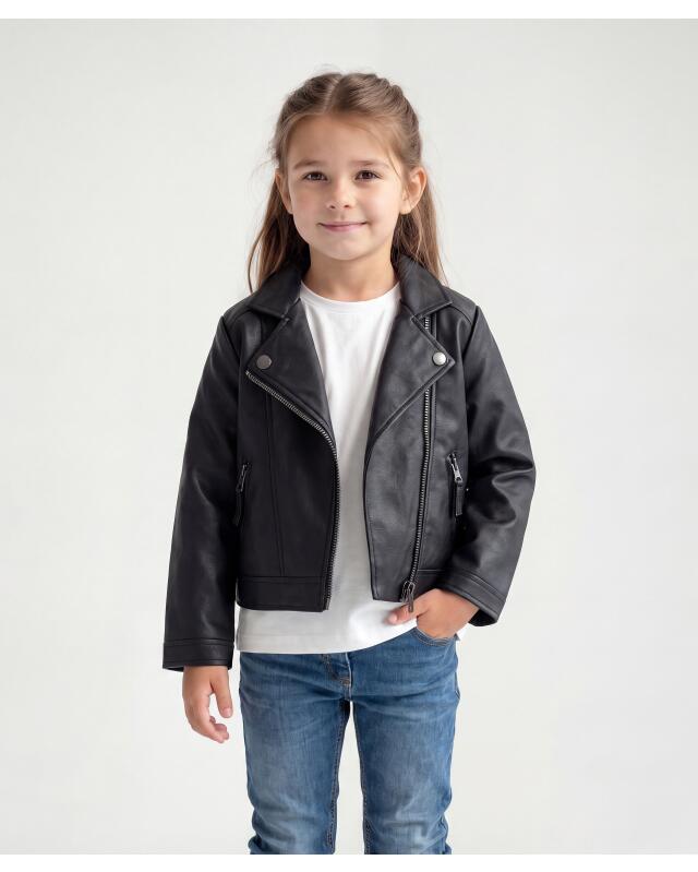 Veste en similicuir fille, noir (KiK Schwarze Kunstlederjacke (schwarz)) — KiK, produit allemand authentique au Maroc