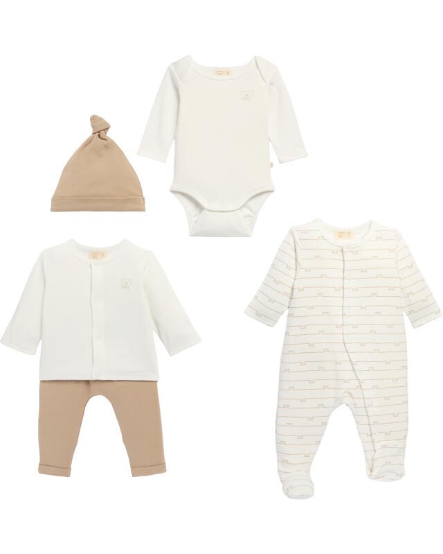 Bonnet + body + grenouillère + t-shirt + pantalon naissance garçon, blanc cassé — KiK, produit allemand authentique au Maroc