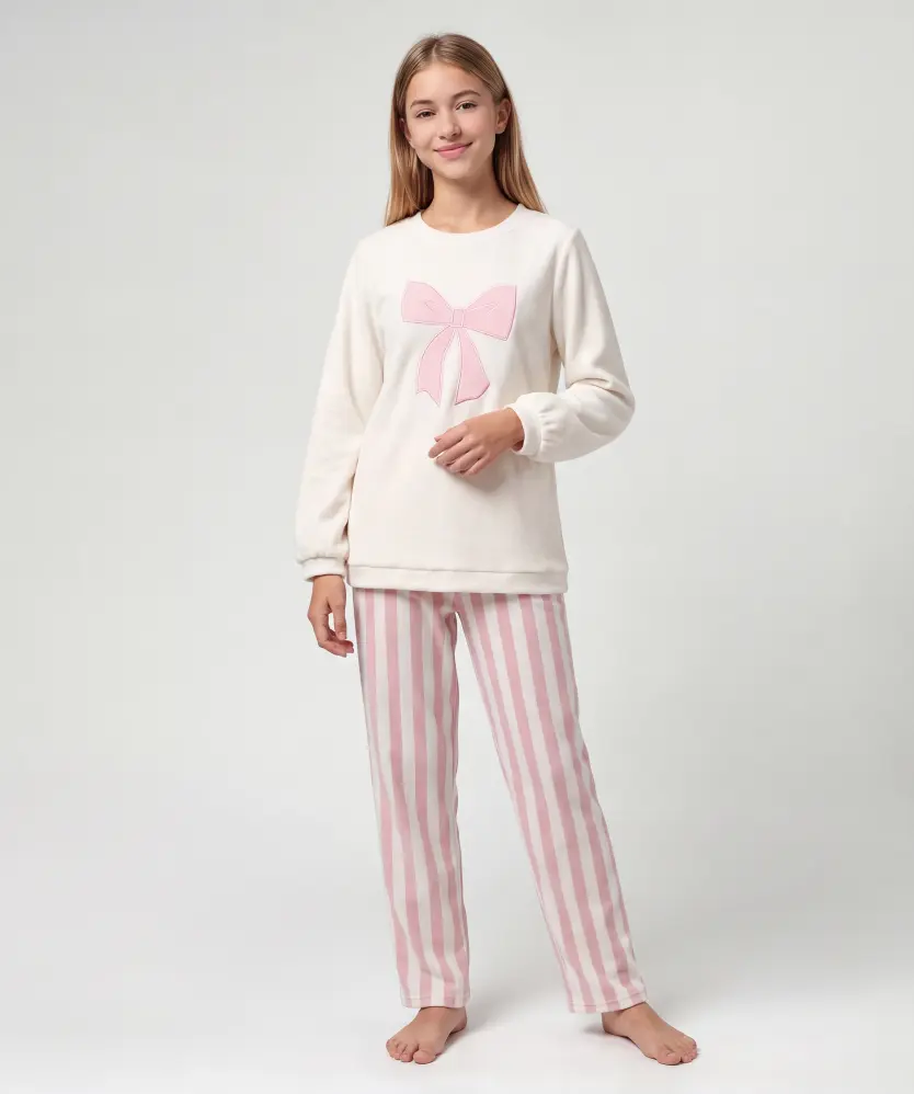 Pyjama aus Velours für Mädchen, offwhite