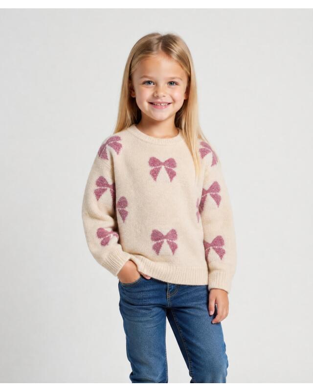 Pull en maille à motif nœuds fille, écru (KiK Strickpullover Schleifenmuster (naturfarben)) — KiK, produit allemand authentique au Maroc