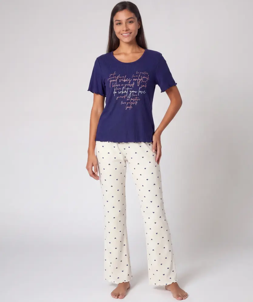 Gerippter Pyjama für Damen, indigo blau