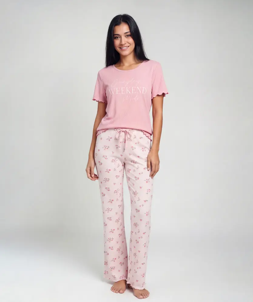 Gerippter Pyjama für Damen, rosa