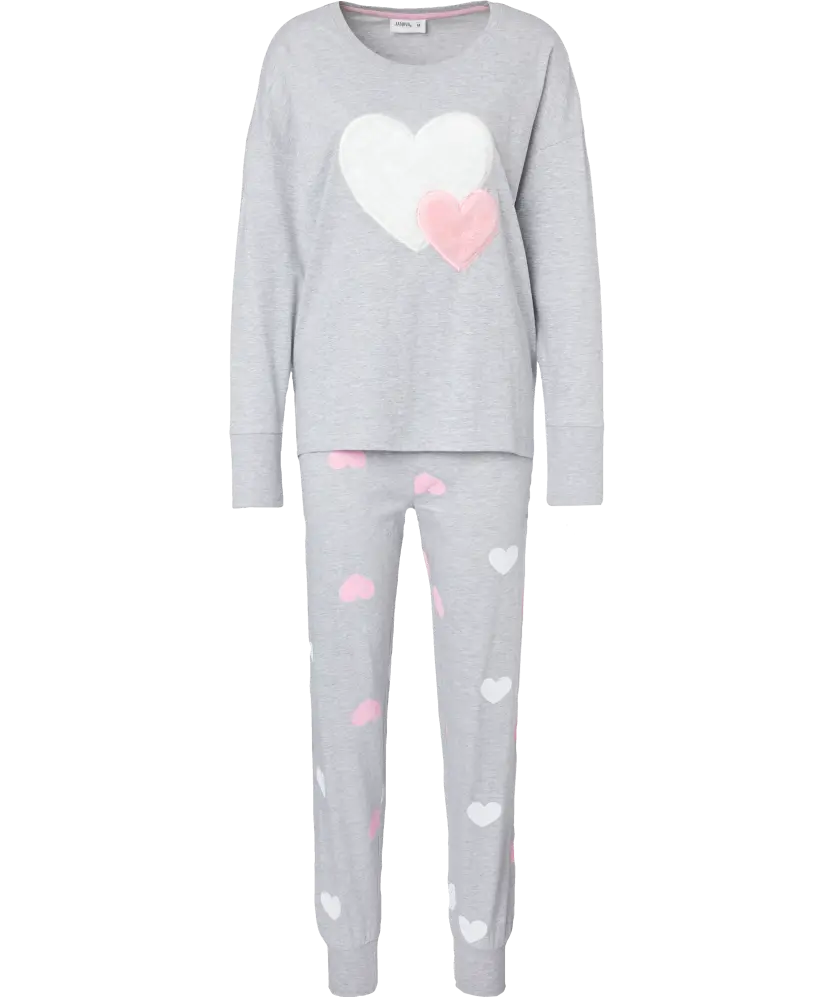 Pyjama mit Plüschherzen für Damen, grau melange