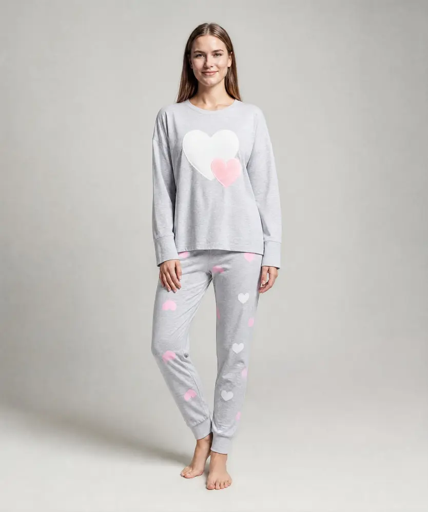 Pyjama mit Plüschherzen für Damen, grau melange