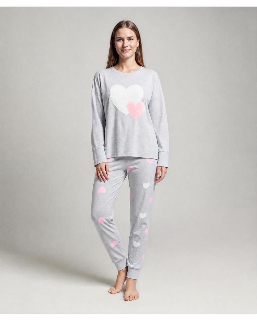Pyjama mit Plüschherzen für Damen, grau melange
