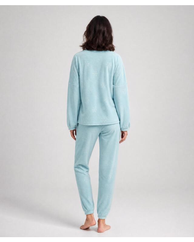 بيجامة مخمل بنقشة الحرق للنساء، تركوازي غامق (KiK Nicki-Pyjama mit Ausbrennermuster (dukeltürkis)) — KiK, منتج ألماني أصلي في المغرب