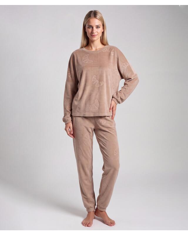 Velour pyjamas with burnout pattern for women, beige (KiK Nicki-Pyjama mit Ausbrennermuster (Beige)) — KiK, authentic German product in Morocco